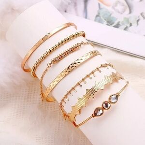 NEW Solid Gold Plated‎ 7 pc Boho Stacking Bracelet Set